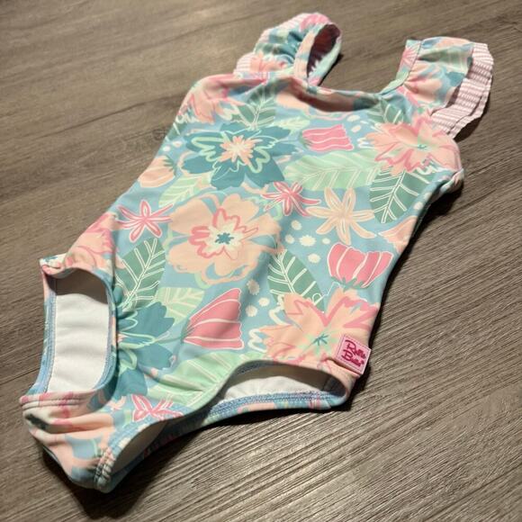 Ruffle Butts Girls 1 Piece Swimsuit Size 6 Pastel Floral Ruffle Sleeve Bow Back - Picture 2 of 8